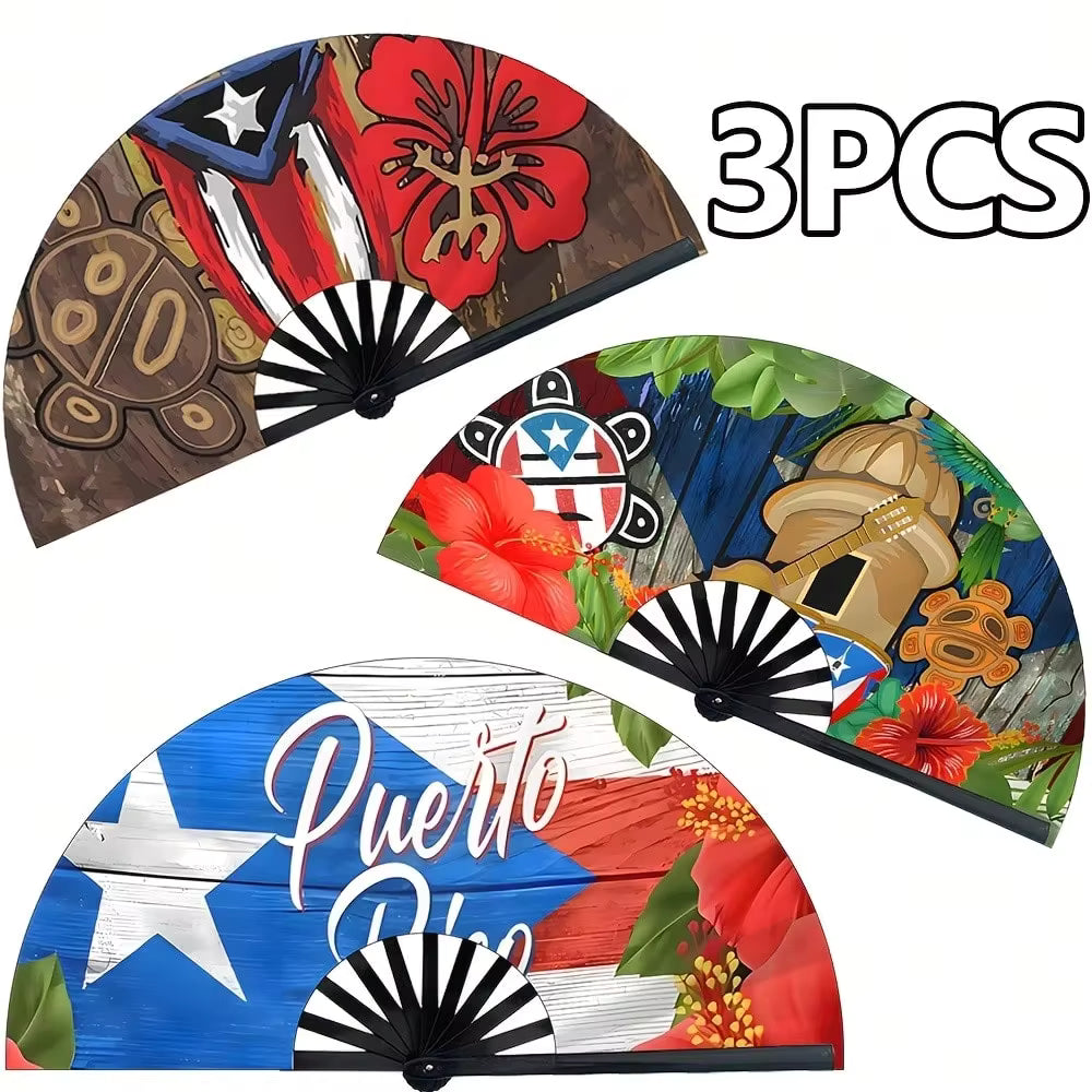 Puerto Rican Folding Fans| 3 - Suitable For Outdoor Activities & Parties . Props, Summer Cooling & Fashion Accessories