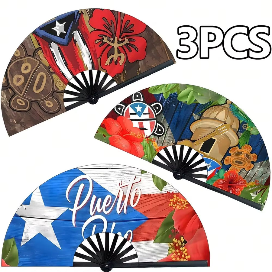 Puerto Rican Folding Fans| 3 - Suitable For Outdoor Activities & Parties . Props, Summer Cooling & Fashion Accessories